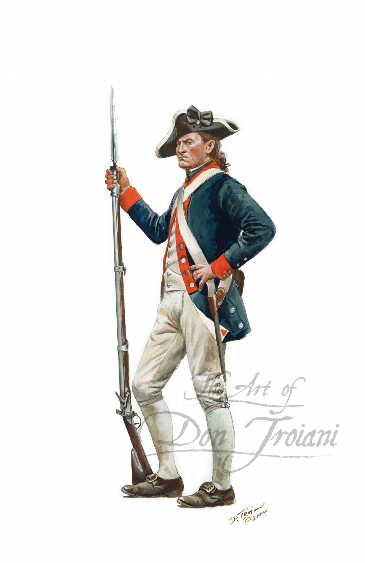 3rd New York Regiment, Private. Artistic depiction of a colonial soldier holding a rifle on a white background