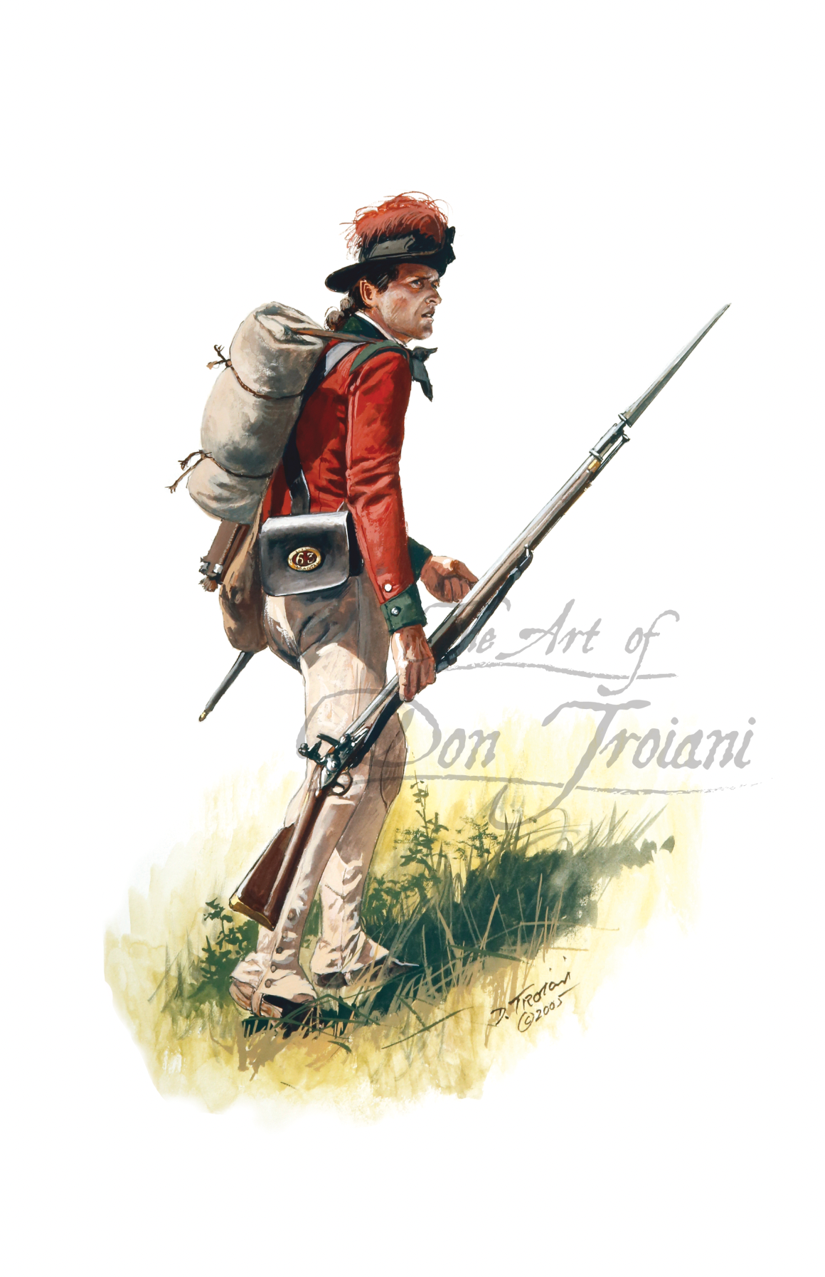 63rd Foot Light Infantryman. Artistic depiction of a soldier in historical military attire with a rifle and backpack on a white background.