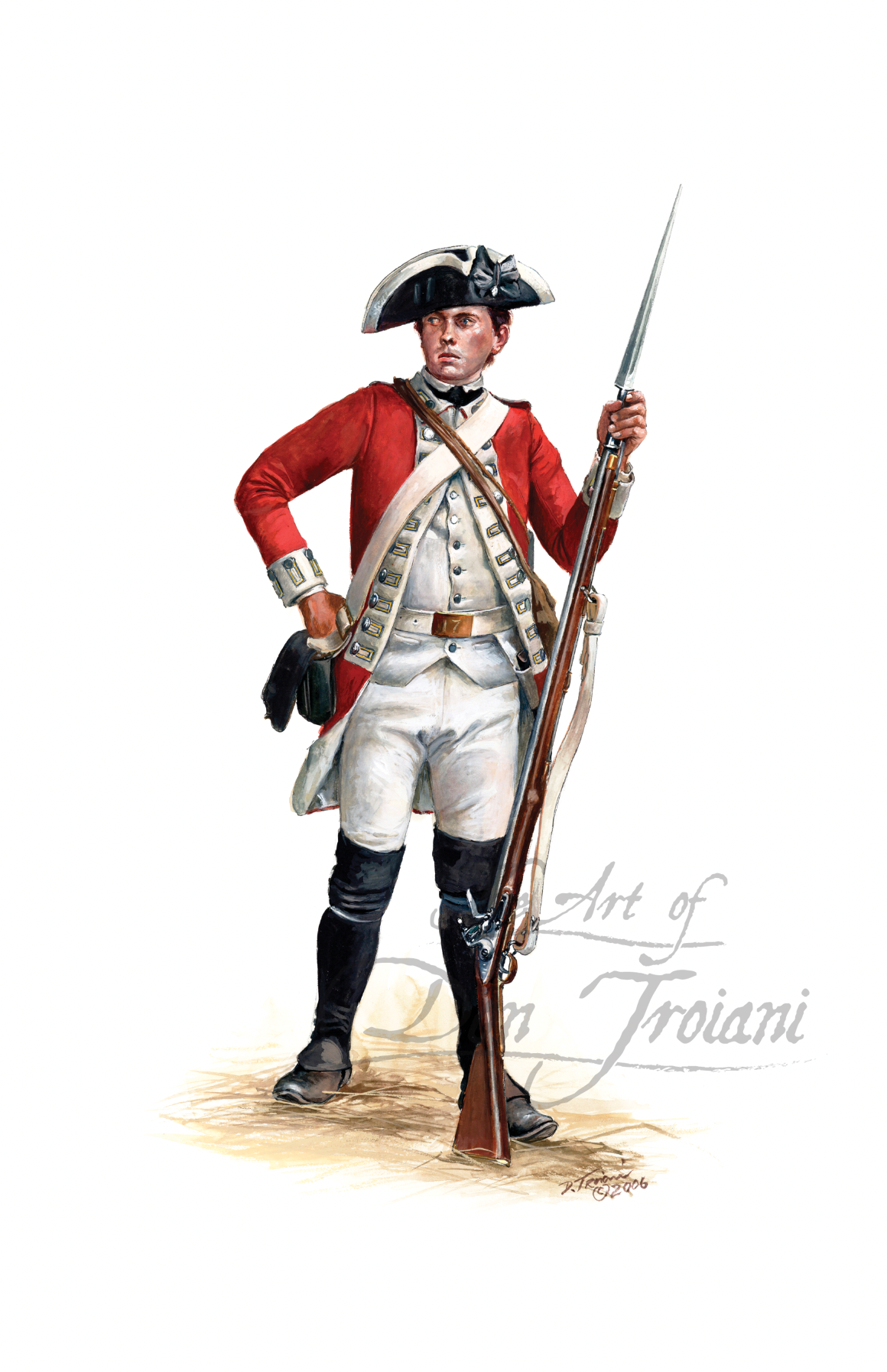 Private of British 17th Regiment of Foot. Artistic depiction of a British soldier in colonial uniform holding a rifle on a white background.