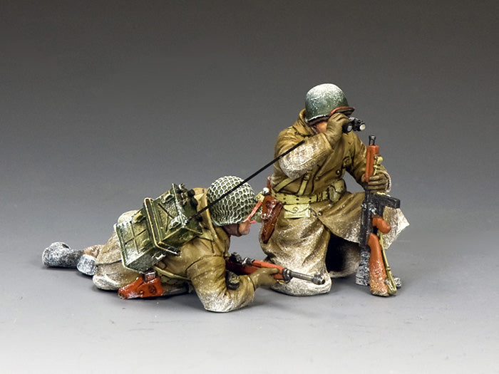 WWII U.S. radio operator and sergeant with Thompson SMG coordinating during Battle of the Bulge. 1/30 scale, matte finish.