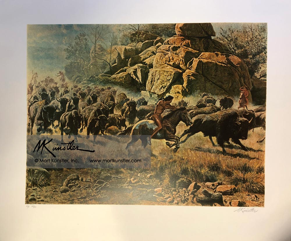 Mort Künstler wall art print Going for the Big Bull. Native American hunting buffalo.