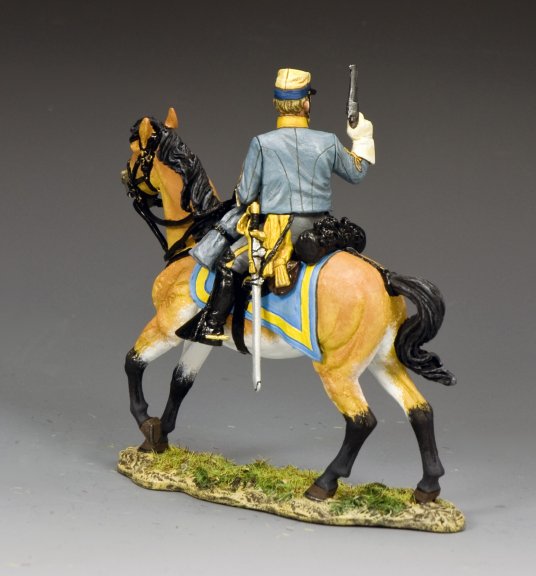 Confederate Cavalry Officer military miniature on horseback with detailed attire and equipment on a gray background