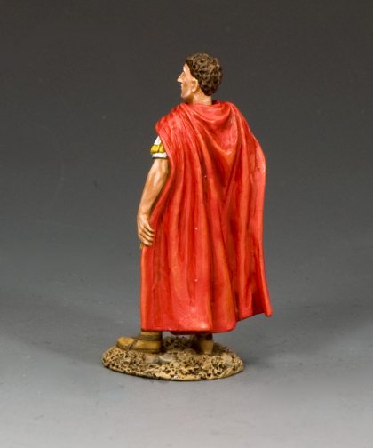 Rear view of King & Country ROM040 Pompey the Great 1/30 scale matte Roman general toy soldier with red cloak and ornate armor
