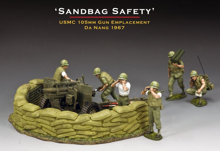 Model scene of USMC 105mm gun emplacement with soldiers in a sandbagged position, labeled 'Sandbag Safety' from Da Nang 1967.