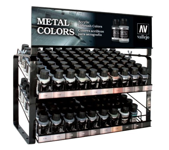 Vallejo model paint display rack with paint products.