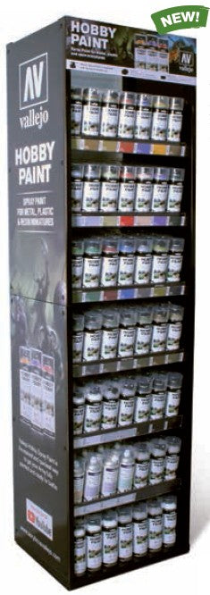 Vallejo model paint display rack with paint products.