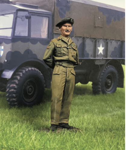 Collectible toy soldier miniature British Field Marshall Bernard Montgomery. He is standing by a truck.