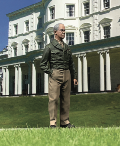 Toy soldier army men U.S. General Dwight D. Eisenhower. Near a building.