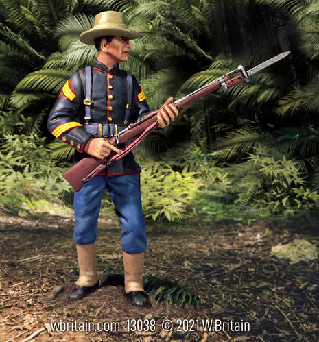 Collectible toy soldier miniature U.S. Marine NCO 1898. He is in a jungle.