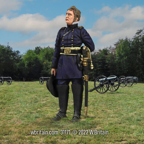 Collectible toy soldier miniature army men figurine General "Fighting Joe" Hooker. He is near a cannon.