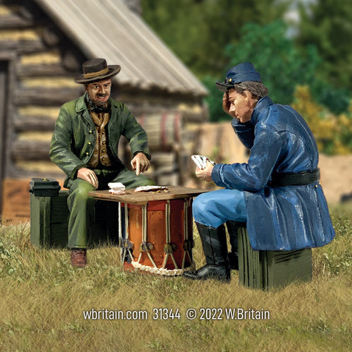 Collectible toy soldier miniature set "Can't Win for Losing". Soldier and civilian playing cards outside.