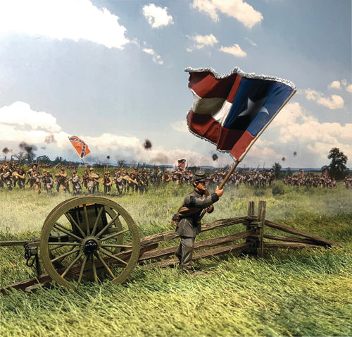 Collectible toy soldier miniature army men Confederate Flagbearer 5th Texas. He is on the battlefield.