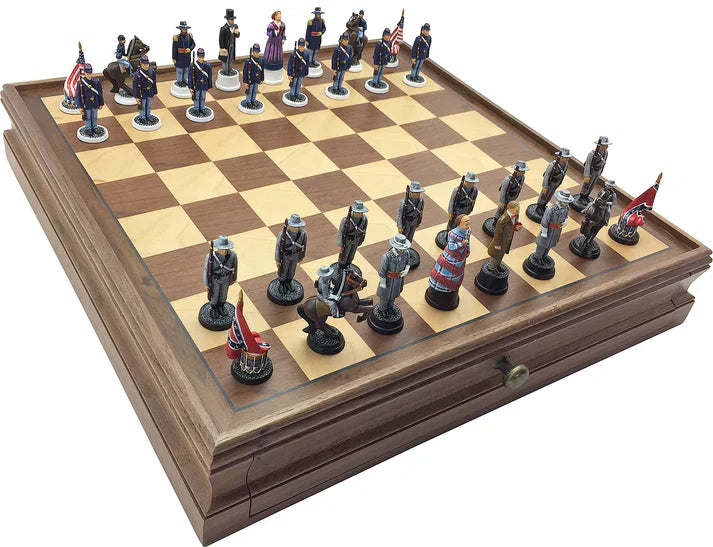 Prince August American Civil War chess set with Chris Tubb-designed pewter pieces, full board in wooden case with storage drawer