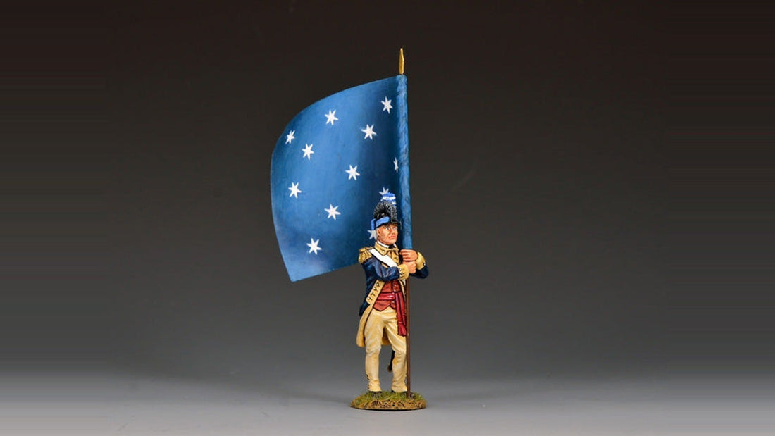 King & Country Continental Army ensign carrying General Washington's Headquarters Flag — 13-star American banner, America 250 anniversary