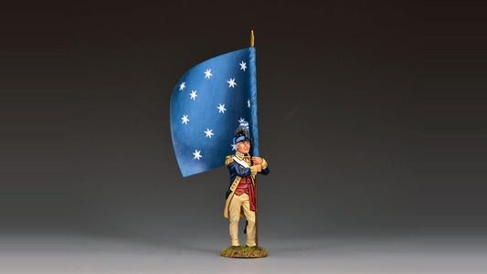 King & Country Continental Army ensign carrying General Washington's Headquarters Flag — 13-star American banner, America 250 anniversary