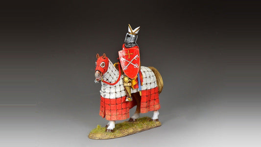 K&C Fighting Bishop MK249 — mounted Crusader clergyman with red and white caparison, papal keys shield, and mitre-cross helmet, inspired by Odo of Bayeux