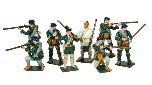 Tradition of London Rogers' Rangers set: six rangers in green coats and blue bonnets kneeling and standing to fire, with Major Robert Rogers in a black bonnet and a Native scout in a white hunting shirt