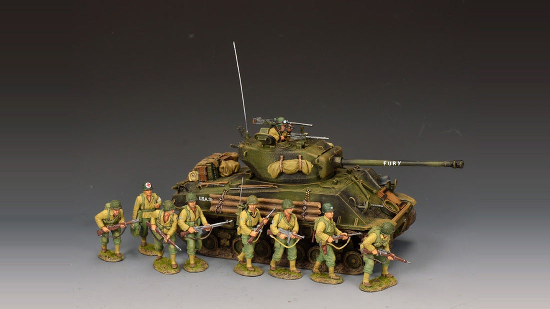 K&C Sherman tank "Fury" with the American Patrol — 8 U.S. GI infantry figures arrayed alongside the M4 Sherman, late-war 2nd Infantry Division