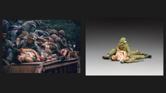 John Olson's 1968 LIFE photograph of wounded Marines on M48 tank at Hue (left) and the K&C VN179 toy soldier set sculpted from it (right)