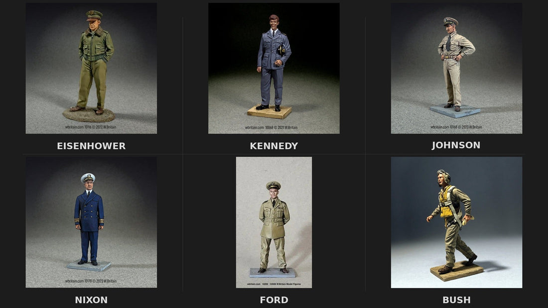 Six W. Britain toy soldier figures of future U.S. Presidents who served in WWII — Eisenhower, Kennedy, Johnson, Nixon, Ford, and Bush