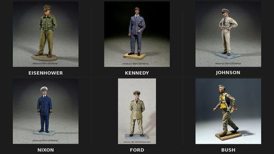 Six W. Britain toy soldier figures of future U.S. Presidents who served in WWII — Eisenhower, Kennedy, Johnson, Nixon, Ford, and Bush