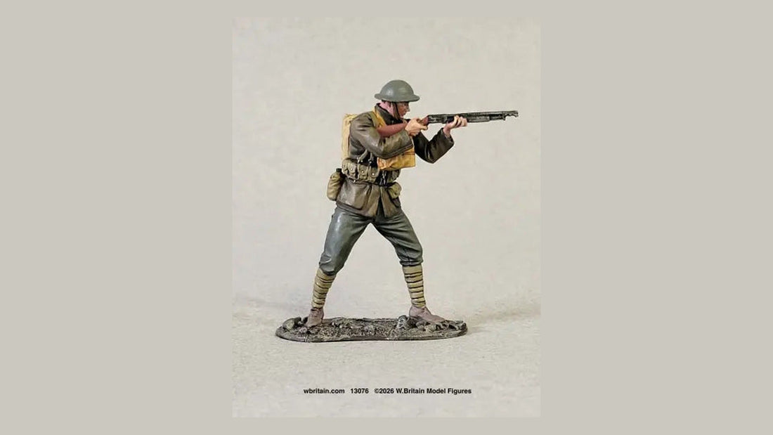 W. Britain U.S. Marine firing M1897 trench shotgun, Belleau Wood 1918, painted metal toy soldier