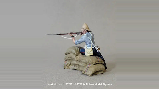 W. Britain "A Well Aimed Shot" — British 24th Foot soldier in shirtsleeves firing his Martini-Henry rifle over a mealie bag wall, Rorke's Drift 1879