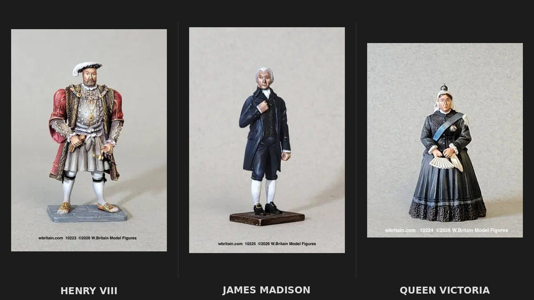 W. Britain sculpted portraits of Henry VIII (left), James Madison (center), and Queen Victoria (right) — three heads of state across three centuries