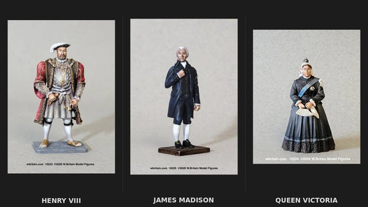 W. Britain sculpted portraits of Henry VIII (left), James Madison (center), and Queen Victoria (right) — three heads of state across three centuries