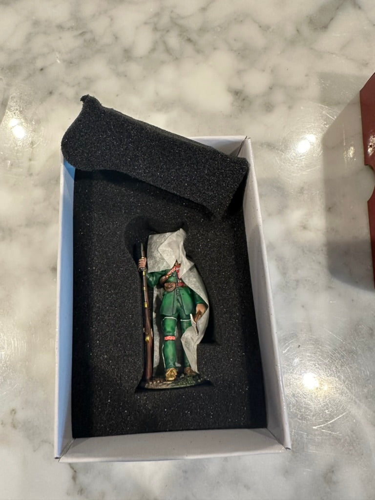 Inside the box of miniature toy soldier figurine Rogers' Rangers Private.