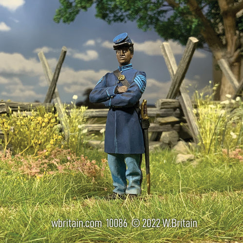 Collectible toy soldier miniature army men Sergeant Major Lewis Douglass, 54th Massachusetts. Next to a fence.