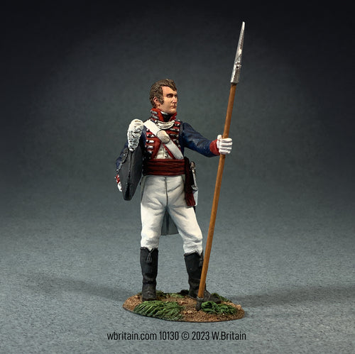 Collectible toy soldier miniature Captain Meriwether  Lewis. He is in military uniform and holding a spontoon.