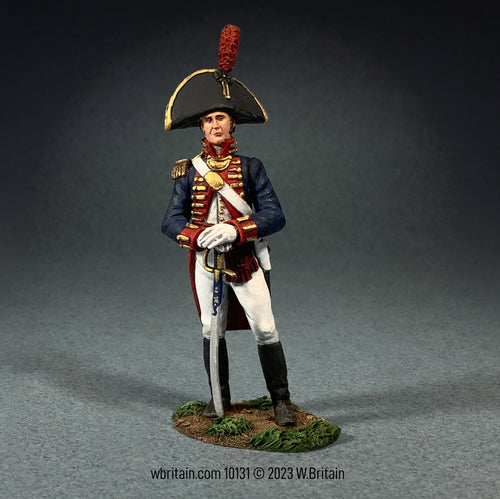 Collectible toy soldier miniature second lieutenant William Clark dressed in military uniform and holding a sword.