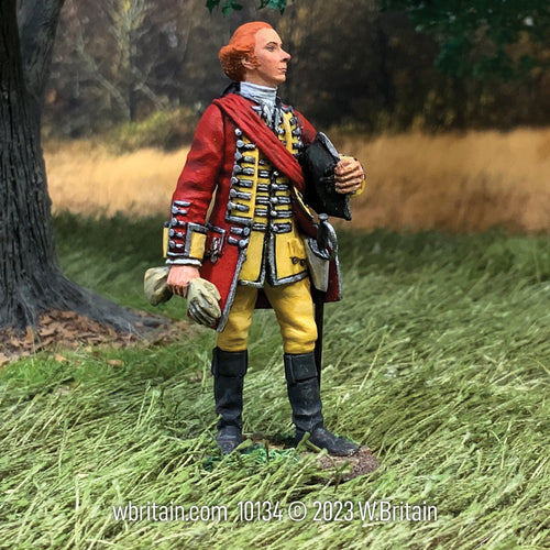 Collectible toy soldier miniature British General James Wolfe, 1759. He is standing in a field.