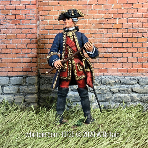 Collectible toy soldier miniature army men French General Marquis de Montcalm, 1759. He is neat a wall.