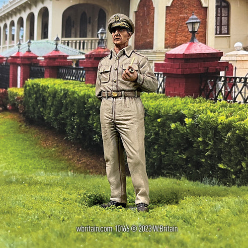 Collectible toy soldier army men U.S. General Douglas MacArthur. He is outside.