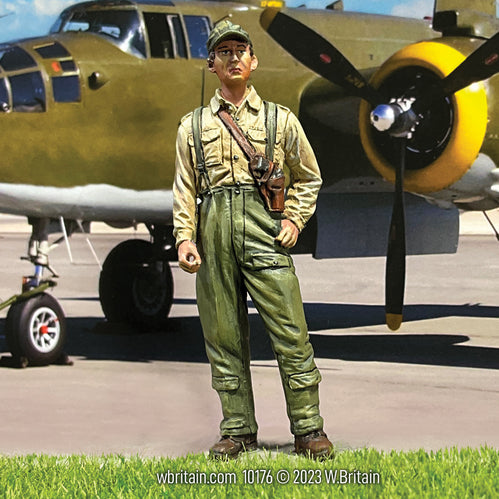 Collectible toy soldier army man U.S.A.A.F. Co-Pilot. Standing in front of a bomber.