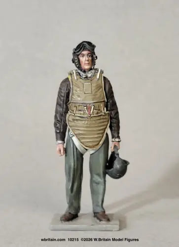 W. Britain 10215 figure of a USAAF heavy bomber crewman wearing a canvas-and-steel flak suit over a leather flight jacket and helmet, holding a steel flak helmet.
