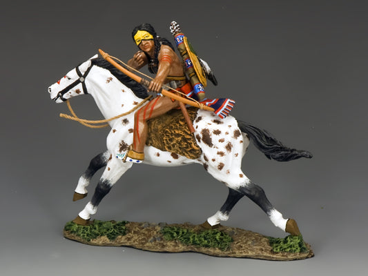 Cheyenne Dog Soldier “Spotted Tail” riding painted pony with bow drawn, 1/30 scale matte toy soldier