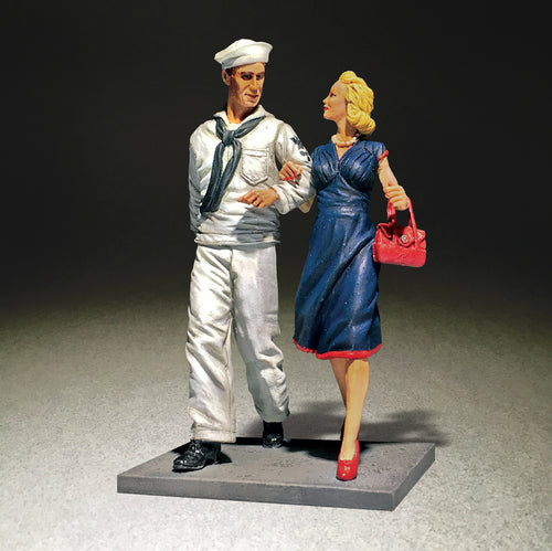 Collectible toy soldier miniature "Shore Leave" U.S.N. Sailor on Liberty With Date. Sailor in uniform and lady wearing blue dress.