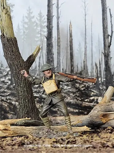 A painted World War I soldier model figure posed in a forest battle scene, holding a rifle and leaning against a tree trunk. The figure wears an olive drab uniform with a tan breastplate and helmet.