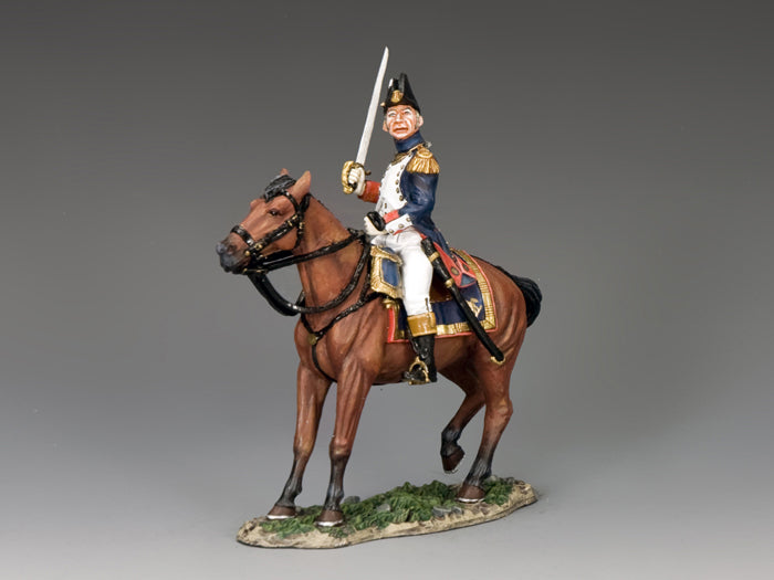 King & Country Mounted Officer, French Old Guard senior officer mounted on brown horse, bicorne hat, dark blue coat with gold lace, drawn sword raised, 1/30 60mm matte figure, NA367