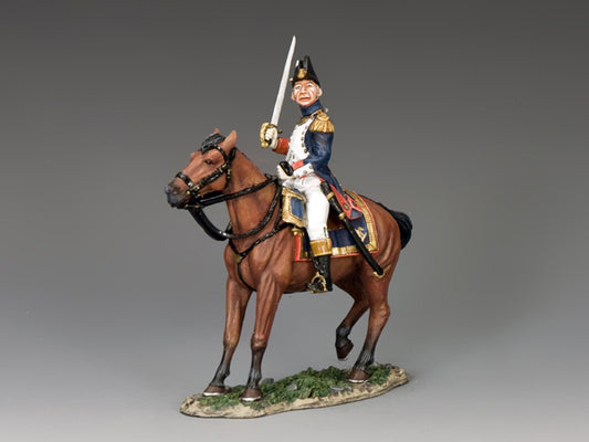 King & Country Mounted Officer, French Old Guard senior officer mounted on brown horse, bicorne hat, dark blue coat with gold lace, drawn sword raised, 1/30 60mm matte figure, NA367