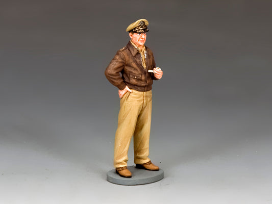 General Douglas MacArthur WWII toy soldier in A2 jacket and peaked cap holding corncob pipe King & Country 1/30 scale matte figure