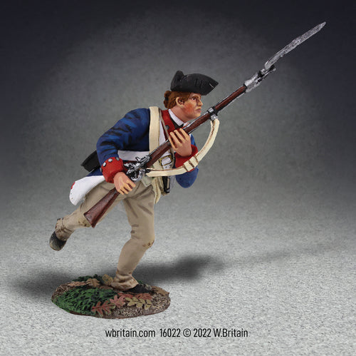 Collectible toy soldier miniature. Soldier in continental uniform holding a musket with bayonet.