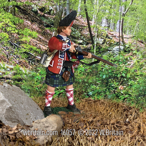 Collectible toy soldier miniature 42nd Royal Highland Regiment. Soldier is in a forest.