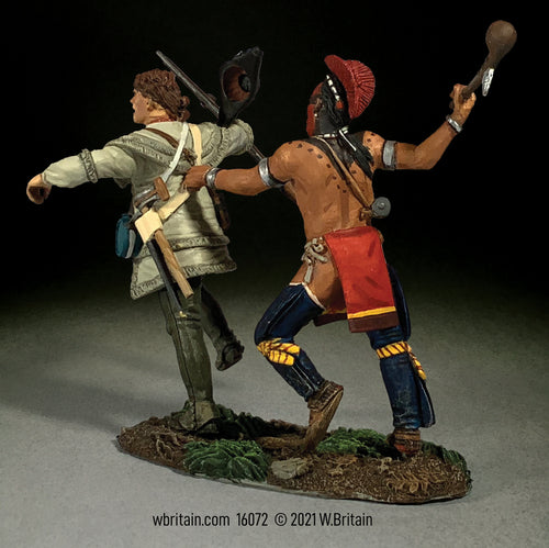 Collectible to soldier miniature Woodland Indian chasing colonial.