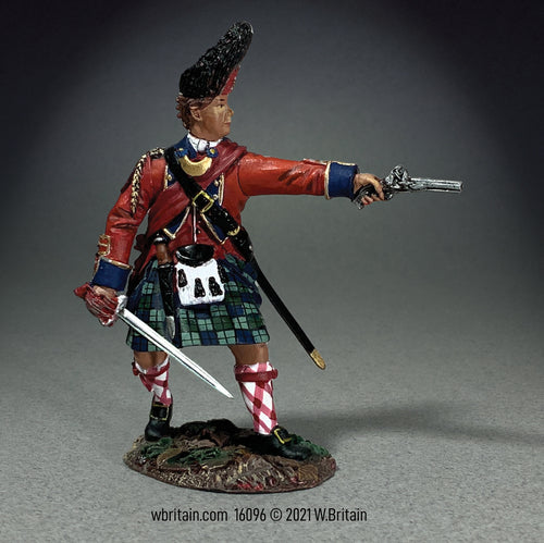 Collectible toy soldier miniature 42nd Foot Royal Highland Regiment. Soldier is holding revolver and sword.