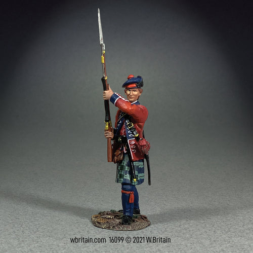 Collectible toy soldier miniature 42nd Royal Highland Regiment. Soldier has a musket with bayonet.