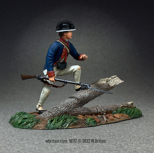 Collectible toy soldier miniature Legion of the U.S. Soldier is leaning on a downed tree. He is wearing a blue and white uniform with musket and bayonet.